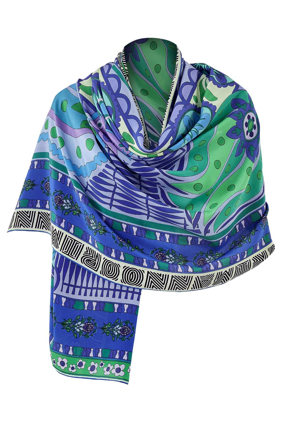 Kafdağı Çiçeği Mavi İpek Şal 80x200