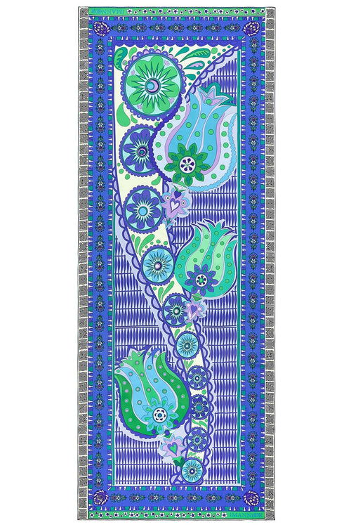 Kafdağı Çiçeği Mavi İpek Şal 80x200