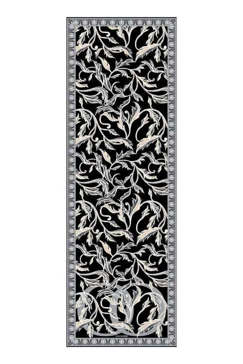 Kanatlı Sarmaşık Siyah/Gri Floş Viskon Şal 70x200