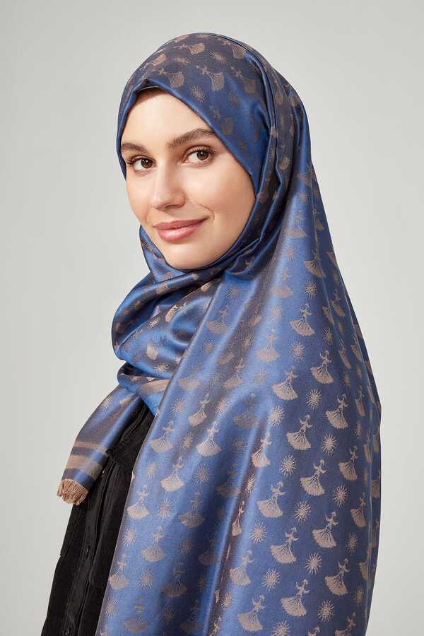 Karanfil Monogram Petrol Mavisi İpek Şal 68x200