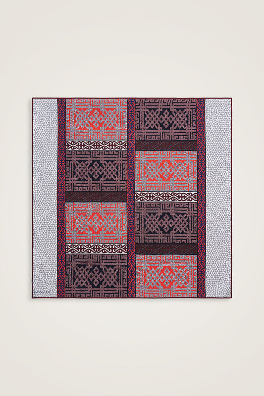 Kilim Kırmızı-Mavi Çift Taraflı Tivil İpek Eşarp 90x90
