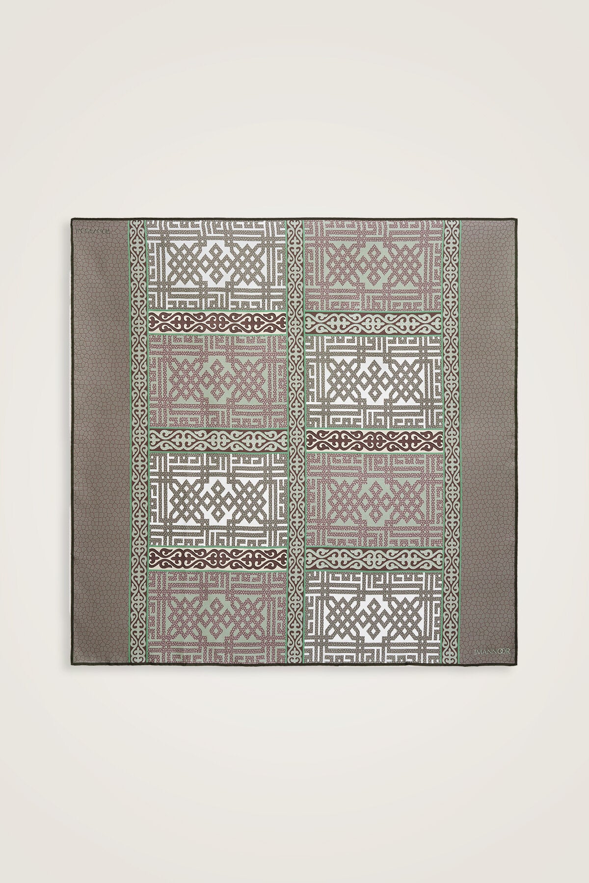 Kilim Yeşil-Bej Çift Taraflı Tivil İpek Eşarp 90x90