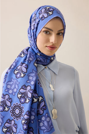 Kır Çiçeği Mor-Denim Pamuk İpek Şal 70x210