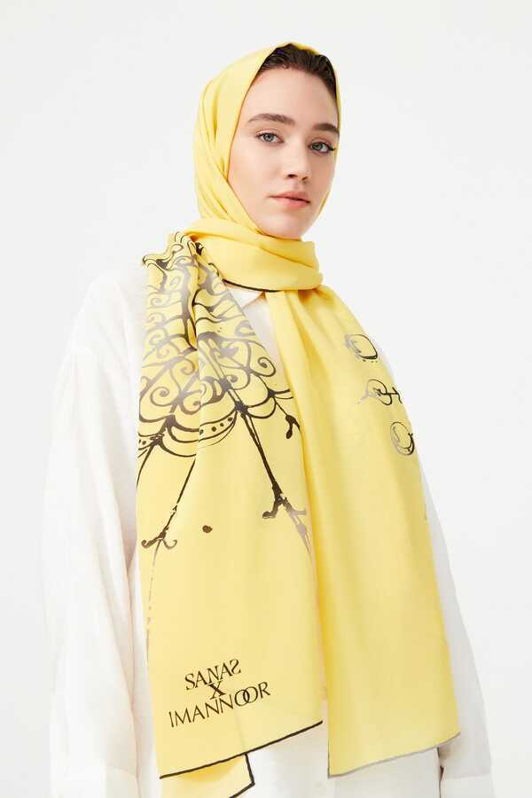 Kuş Sepeti Sarı İpek Şal 80x200