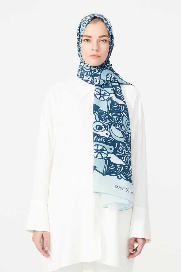 Kuşlar Mavi Krep İpek Şal 80x200