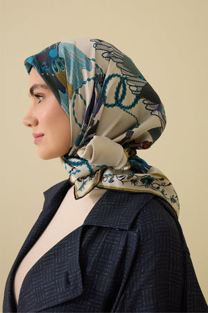 Kuşlu Noor Bej Tivil İpek Eşarp 95x95