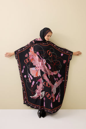 Kuşlu Noor Siyah-Kırmızı Krep İpek Kaftan