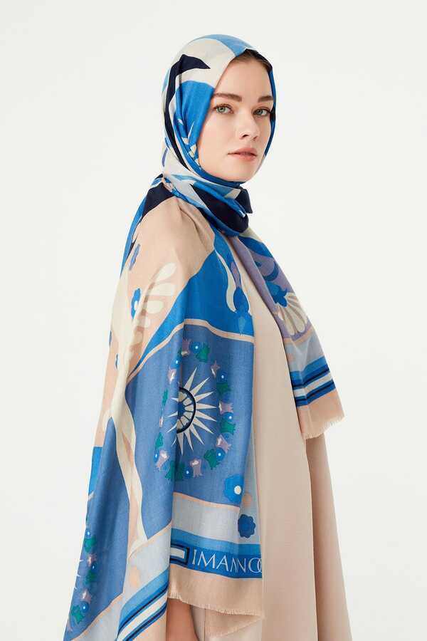 Lale Mavi Kaşmir İpek Şal 100x200