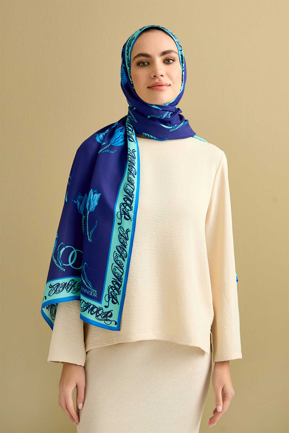 Lale Noor Lacivert Floş Viskon Şal 70x200