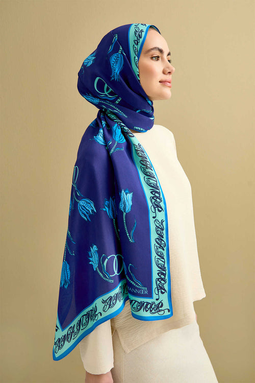 Lale Noor Lacivert Floş Viskon Şal 70x200