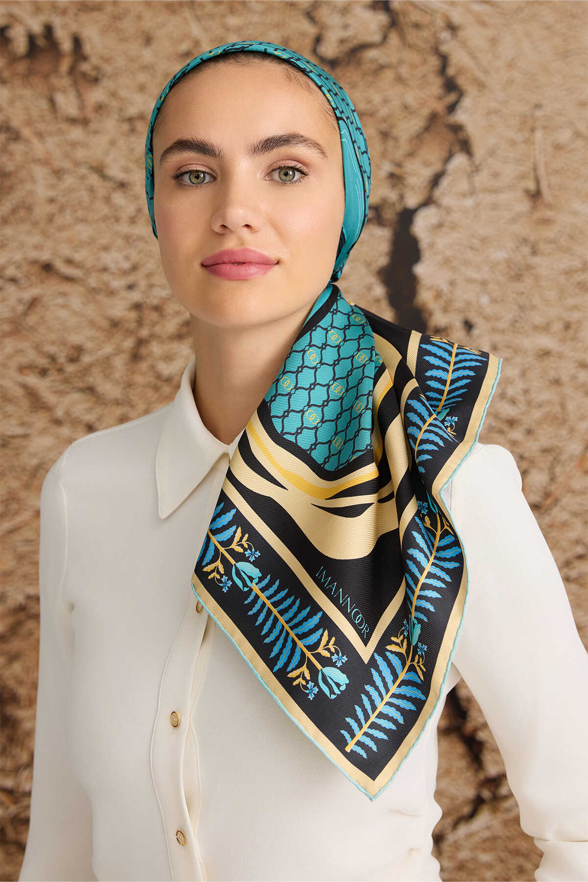 Lale Noor Petrol Tivil İpek Eşarp 90x90