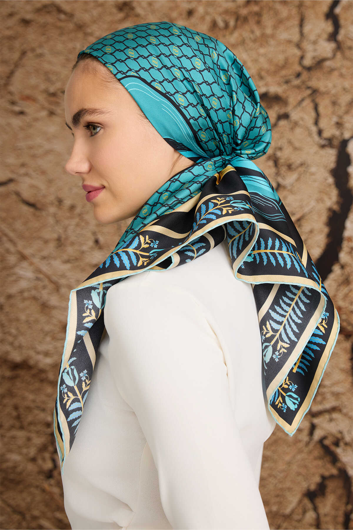 Lale Noor Petrol Tivil İpek Eşarp 90x90