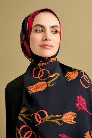 Lale Noor Siyah Floş Viskon Şal 70x200