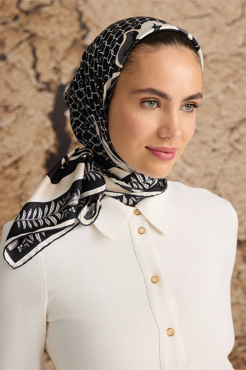 Lale Noor Siyah Tivil İpek Eşarp 90x90