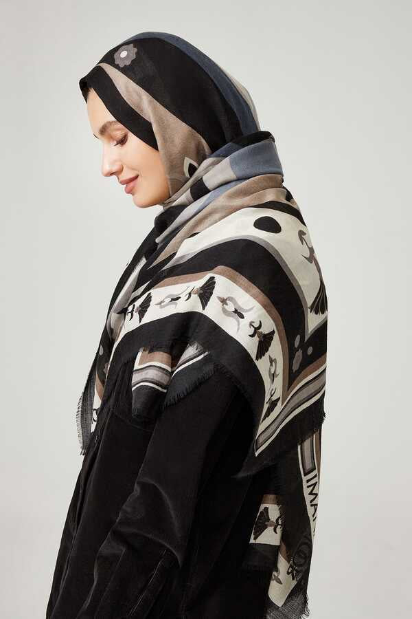 Lale Siyah Kaşmir İpek Şal 100x200