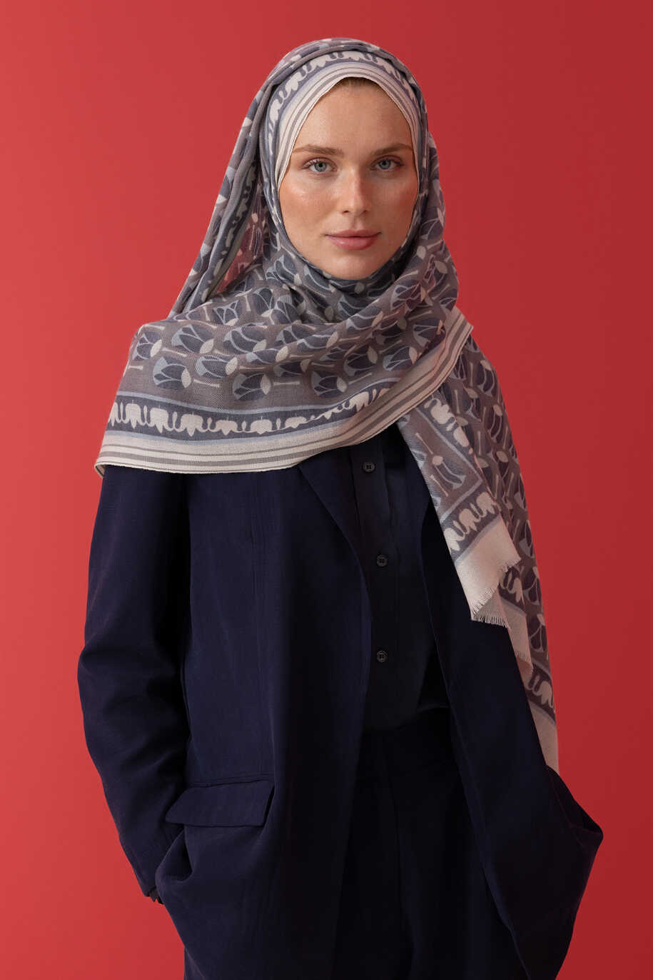 Mini Lale Gri Yün Şal 70x210