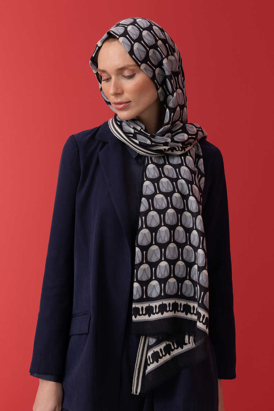 Mini Lale Siyah Yün Şal 70x210