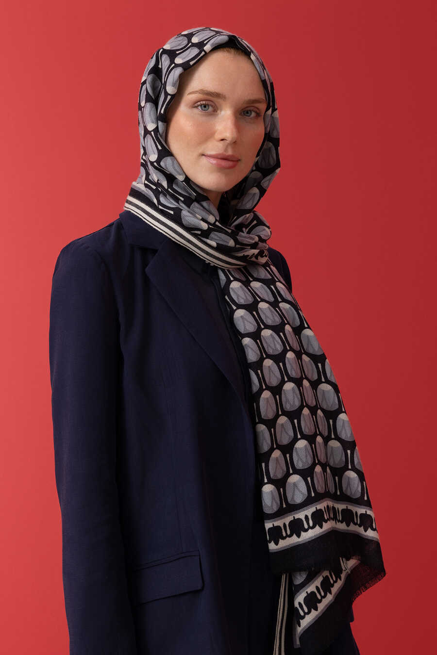 Mini Lale Siyah Yün Şal 70x210