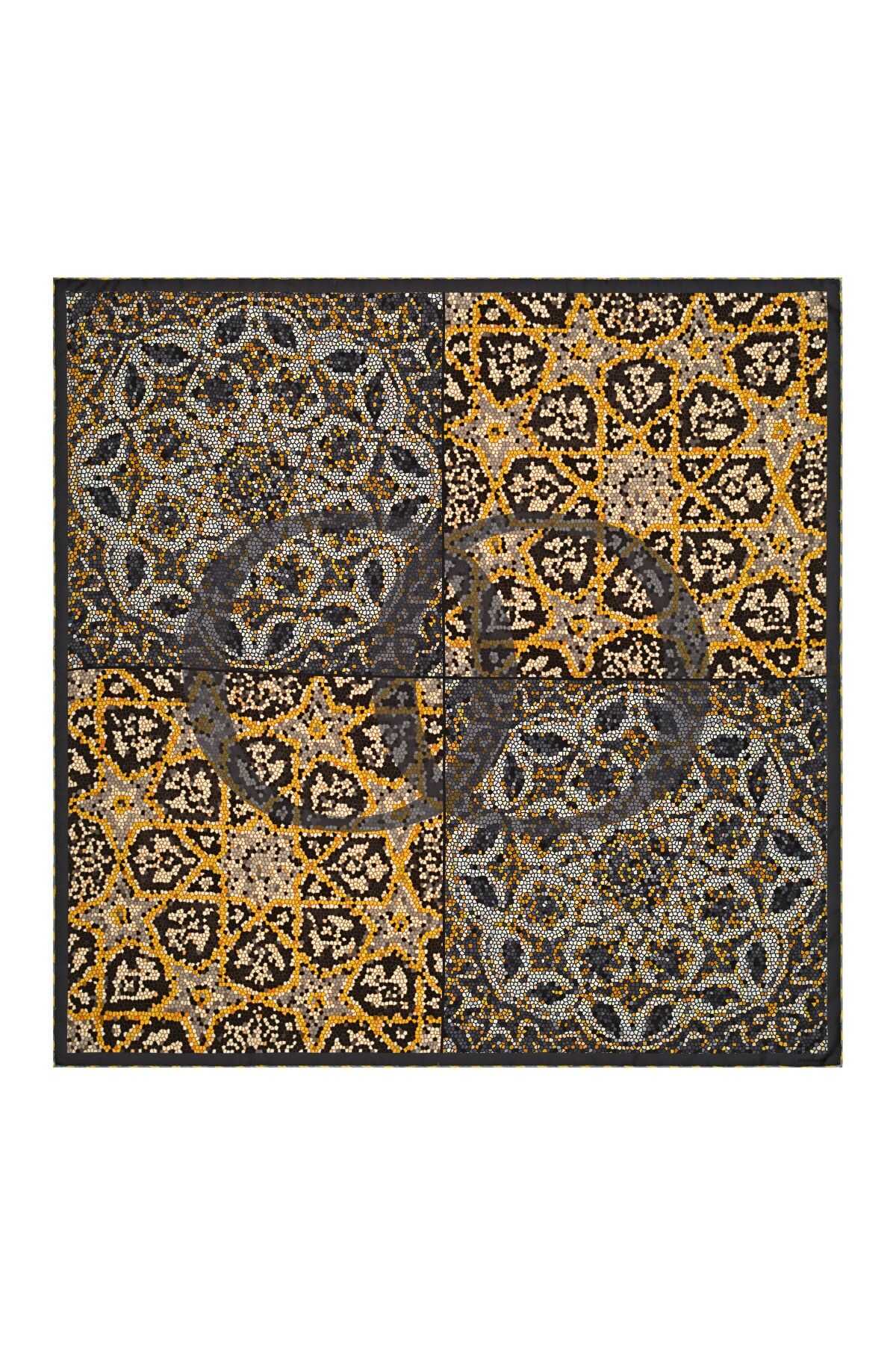 Mini Mozaik Bej Tivil İpek Eşarp 90x90