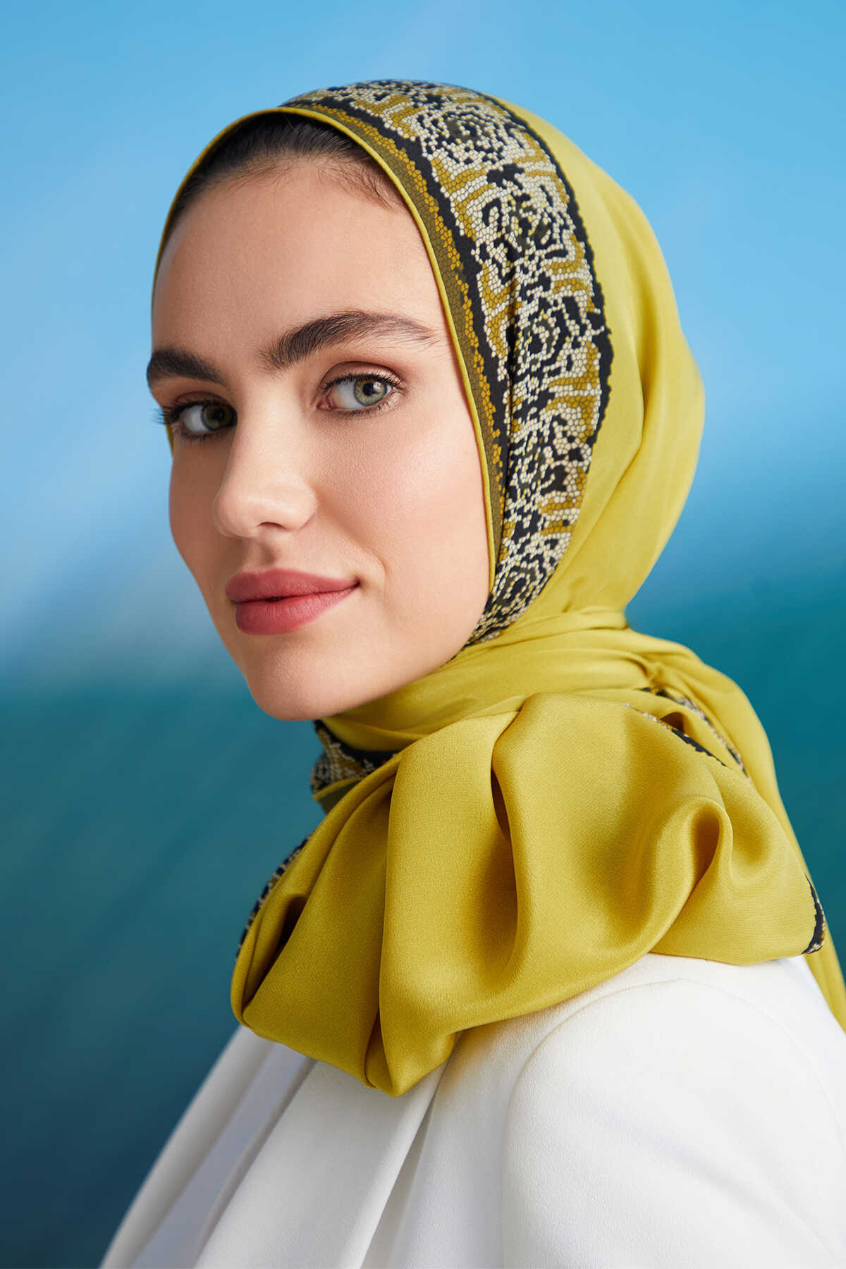 Mini Mozaik Sarı Krep İpek Şal 80x210
