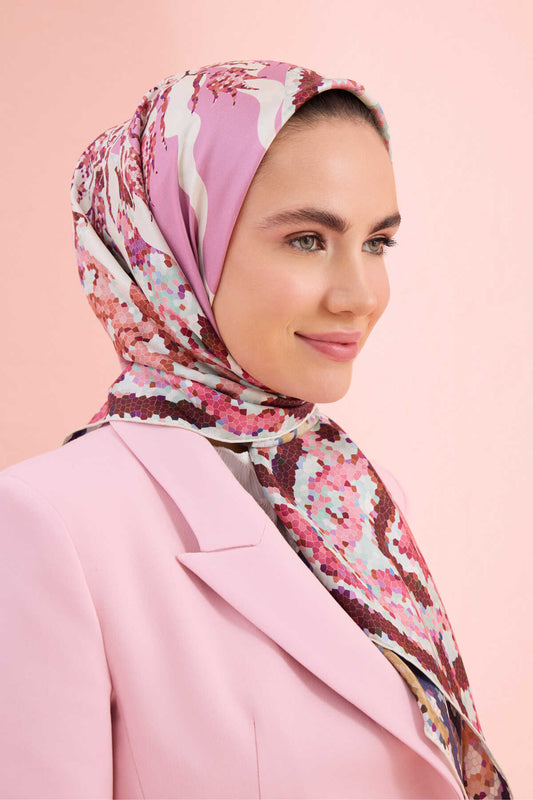 Mozaik Havuz Pembe-Yeşil Çift Taraflı Tivil İpek Eşarp 90x90