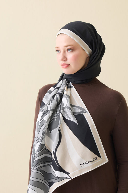 Neşe Desen Siyah-Bej Pamuk İpek Şal 70x210