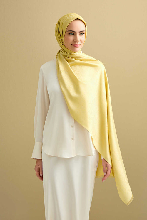 Noor Sarı Jakarlı İpek Şal 70x200