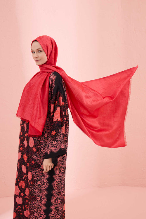 Noor Kırmızı Jakarlı İpek Şal 70x200