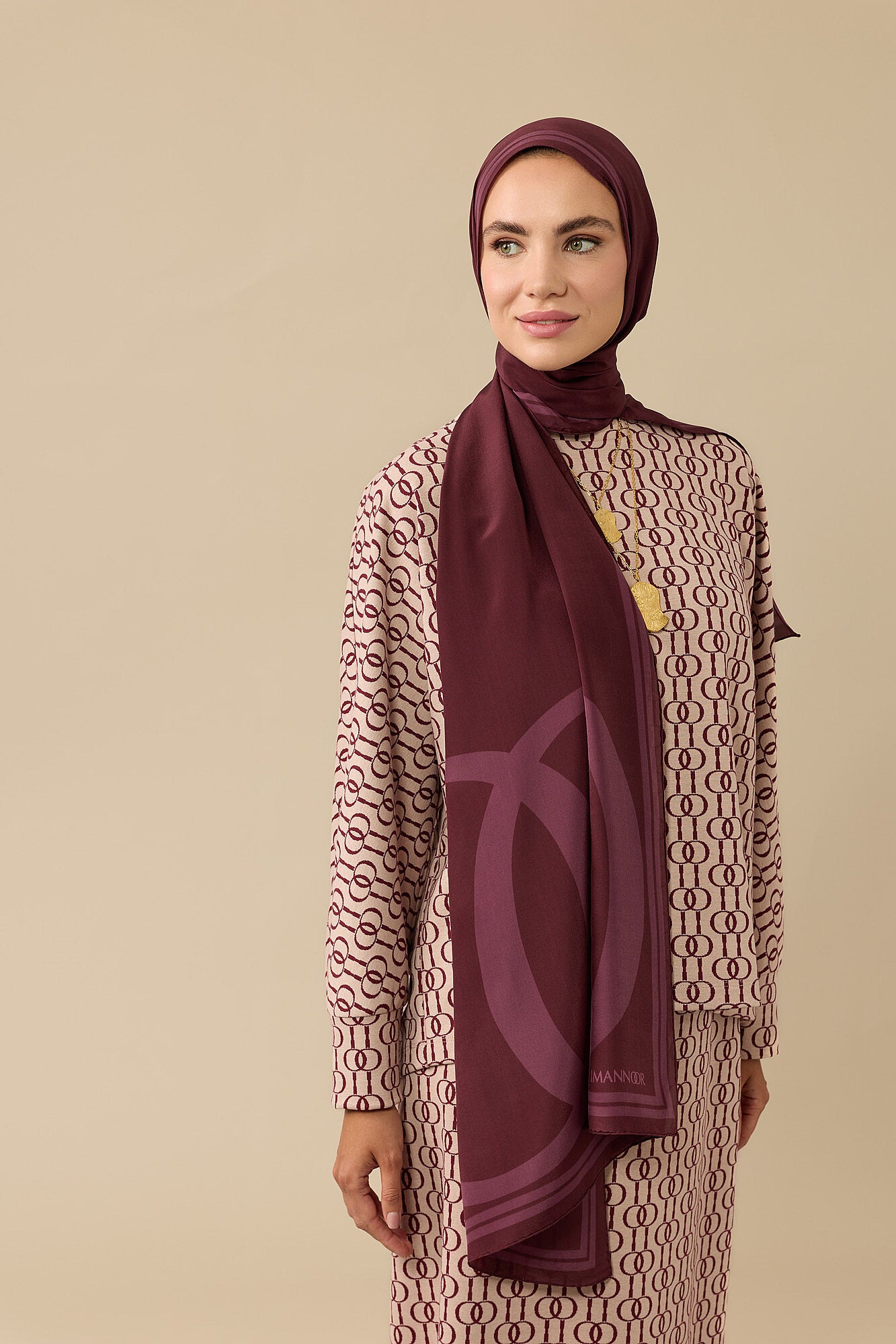 Noor Logo Bordo Krep İpek Şal 70x210