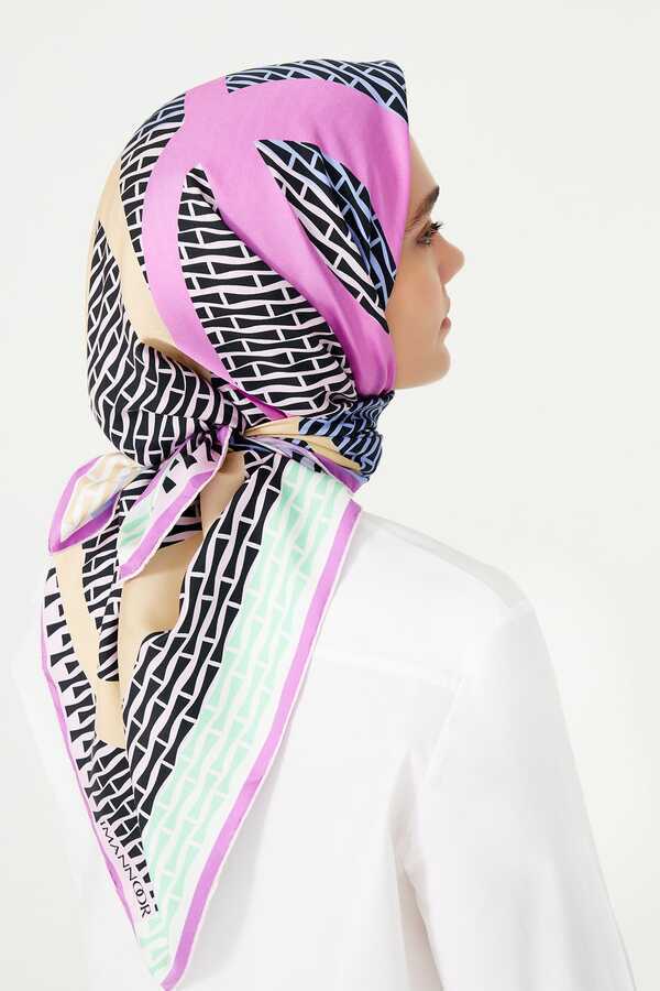 Noor Logo Pembe Tivil İpek Eşarp 90x90