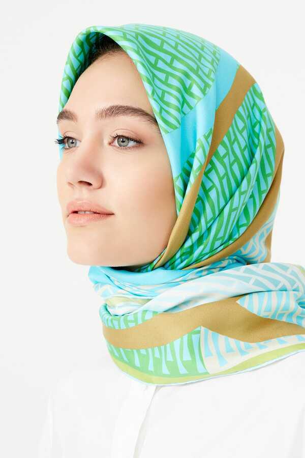 Noor Logo Yeşil Tivil İpek Eşarp 90x90