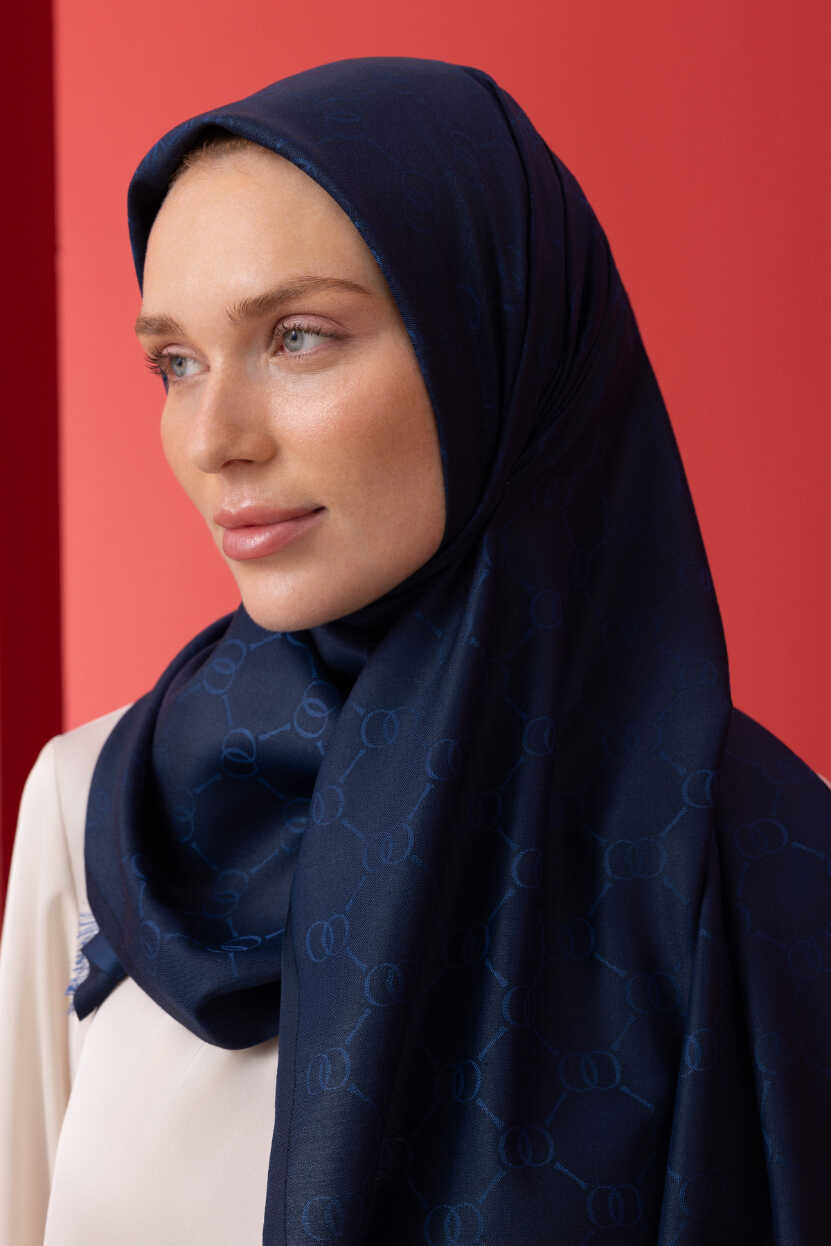 Noor Petek Lacivert Jakarlı İpek Şal 70x200