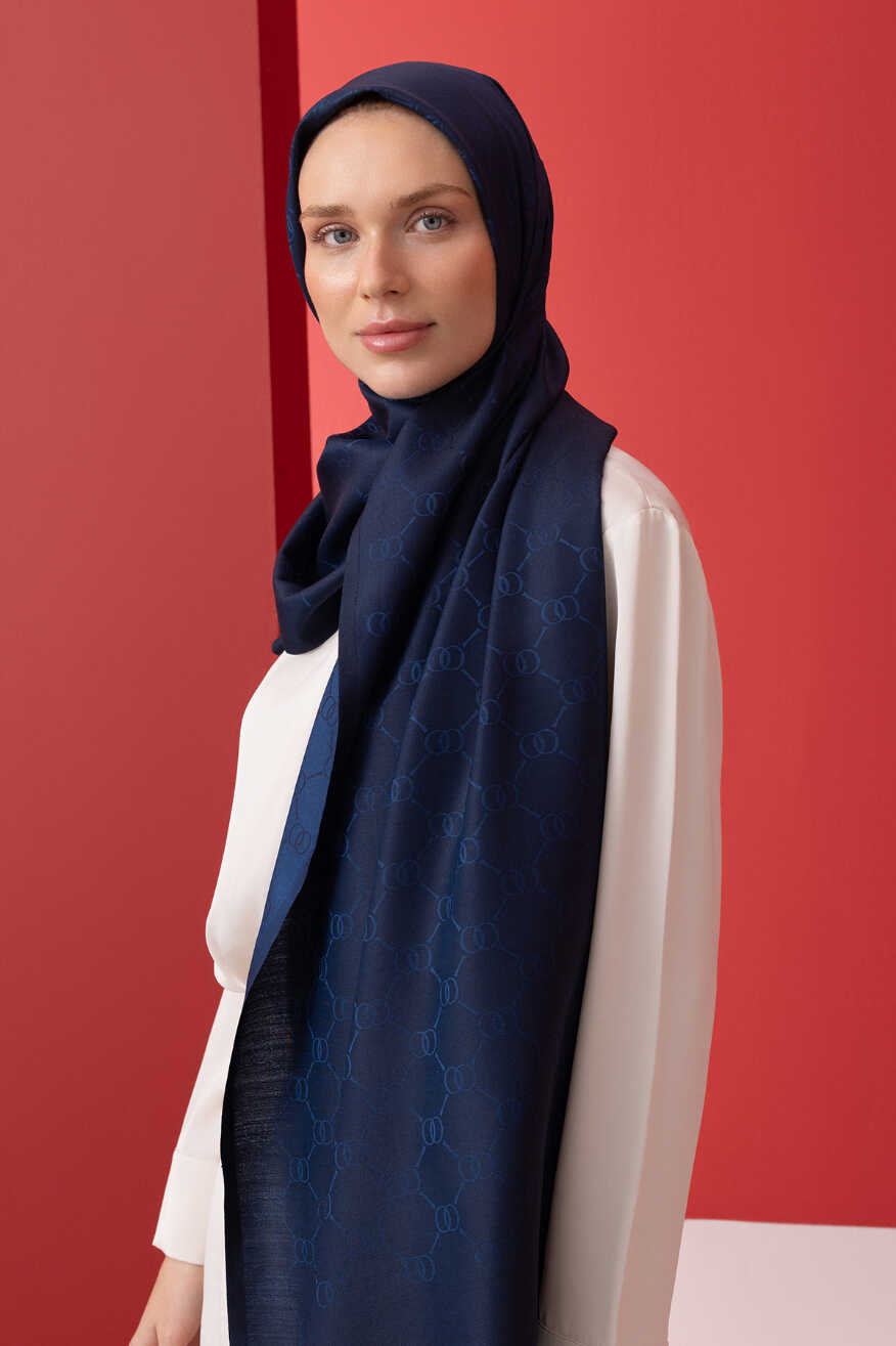 Noor Petek Lacivert Jakarlı İpek Şal 70x200