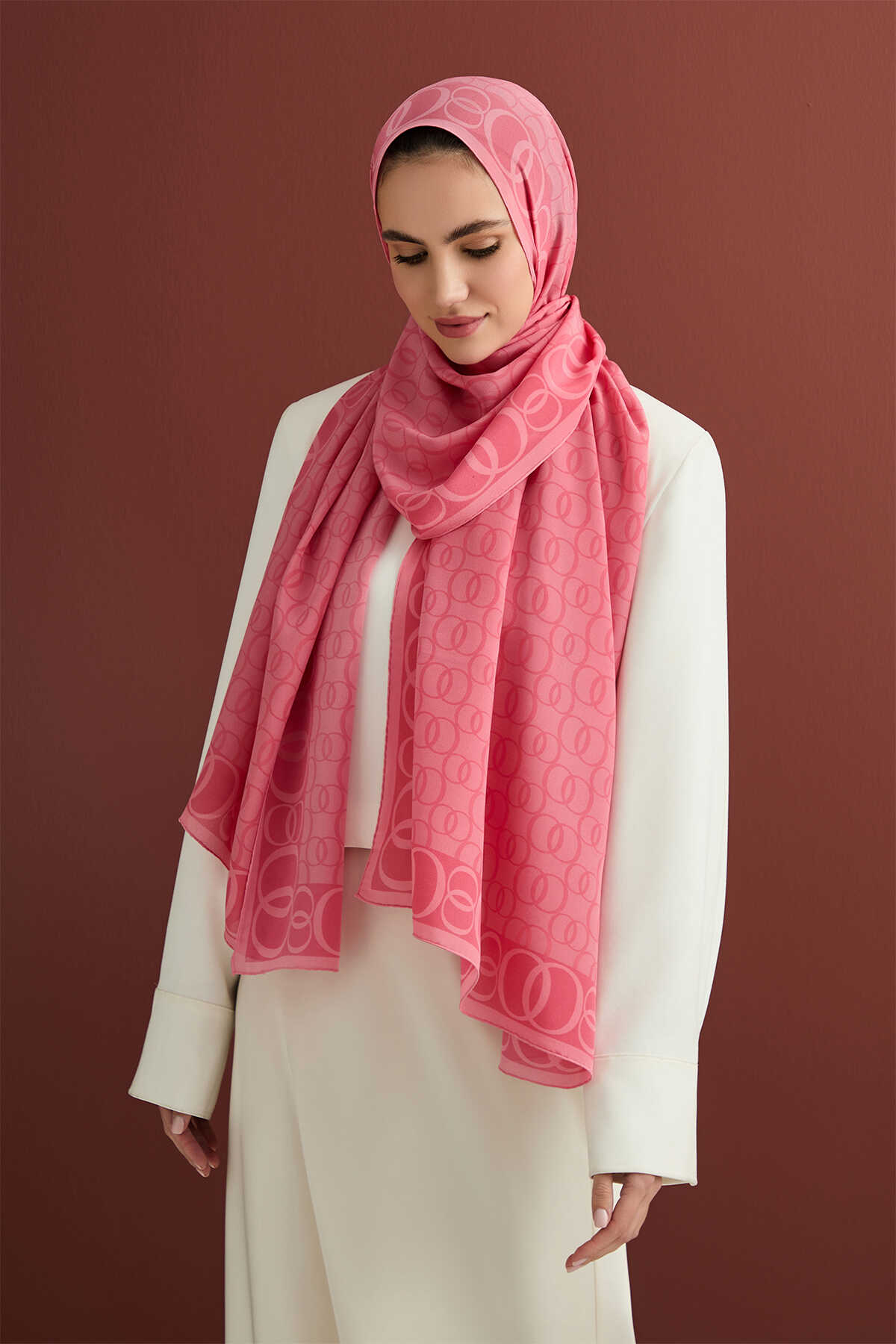 Noor Yolu Pembe Krep İpek Şal 70x210