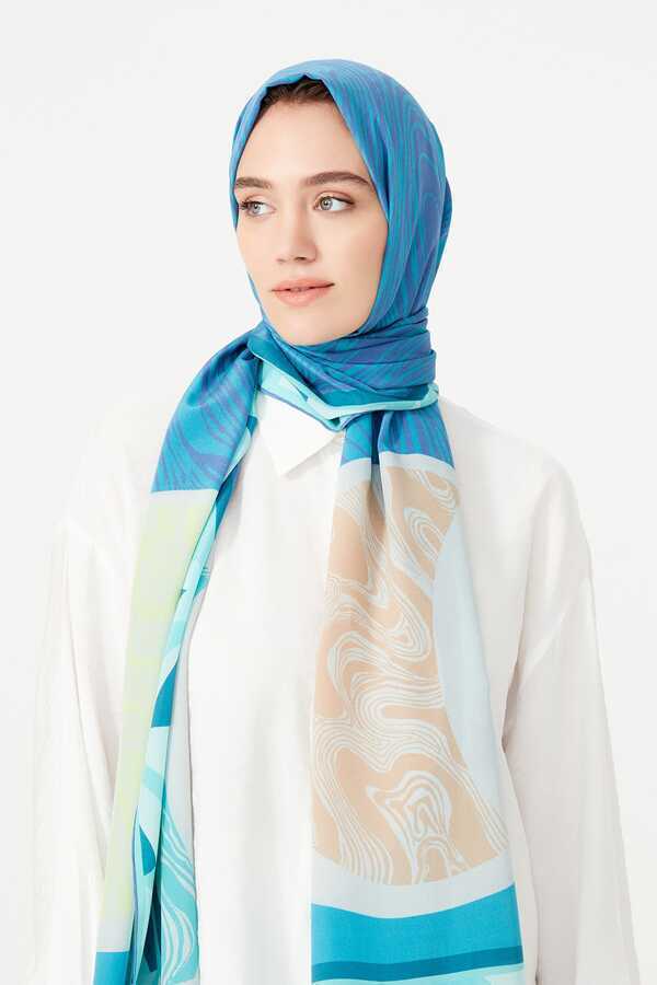 OO Desenli Mavi İpek Şal 80x200