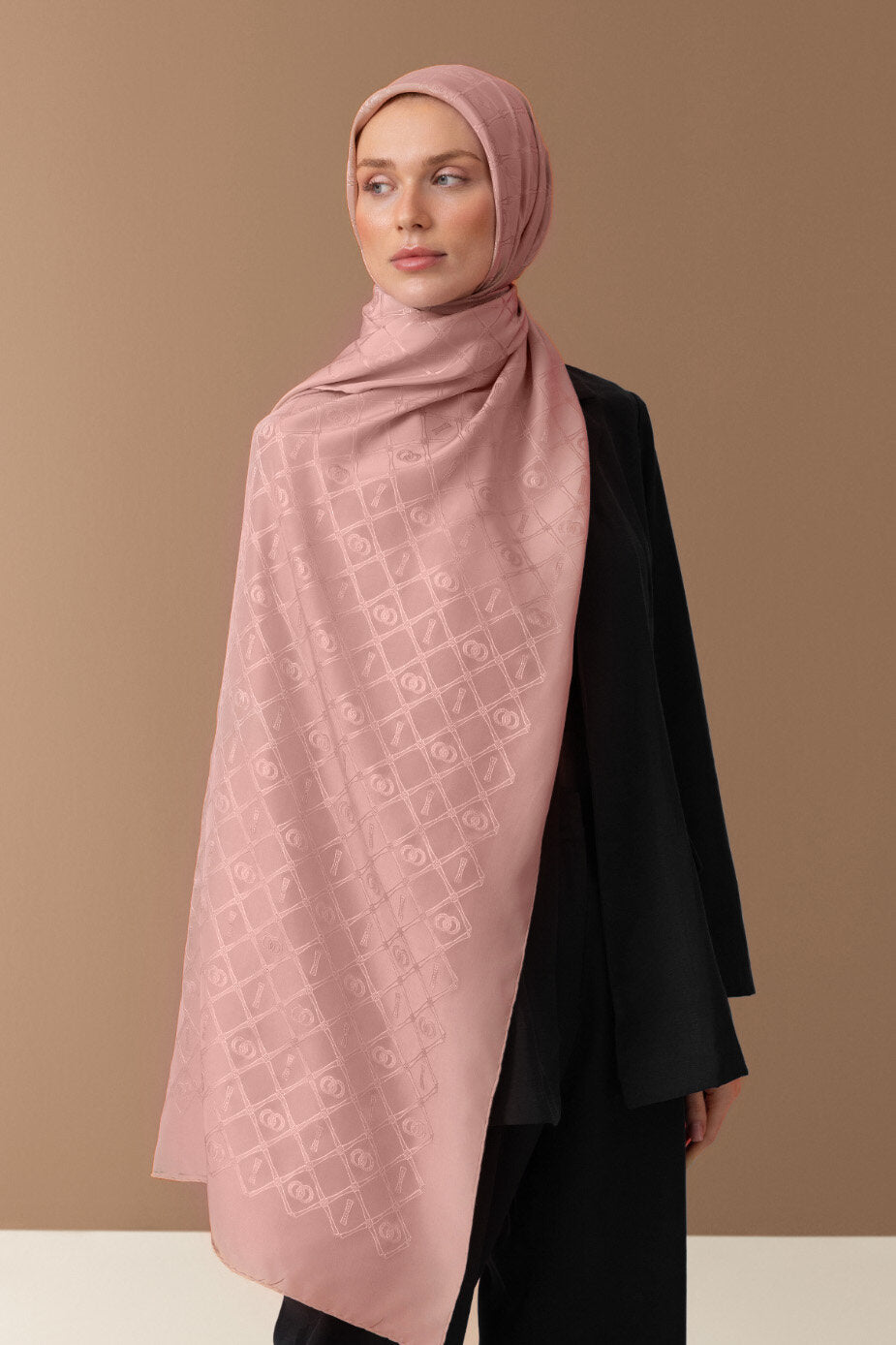 Oryantal Kafes Açık Pembe Jakarlı İpek Şal 70x200