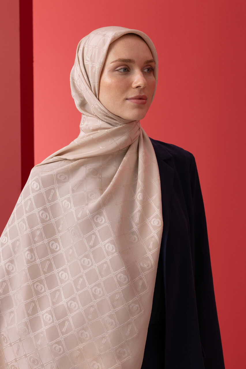 Oryantal Kafes Bej Jakarlı İpek Şal 70x200