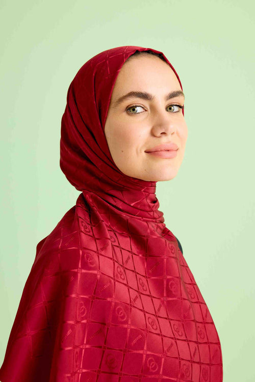 Oryantal Kafes Bordo Jakarlı İpek Şal 70x200