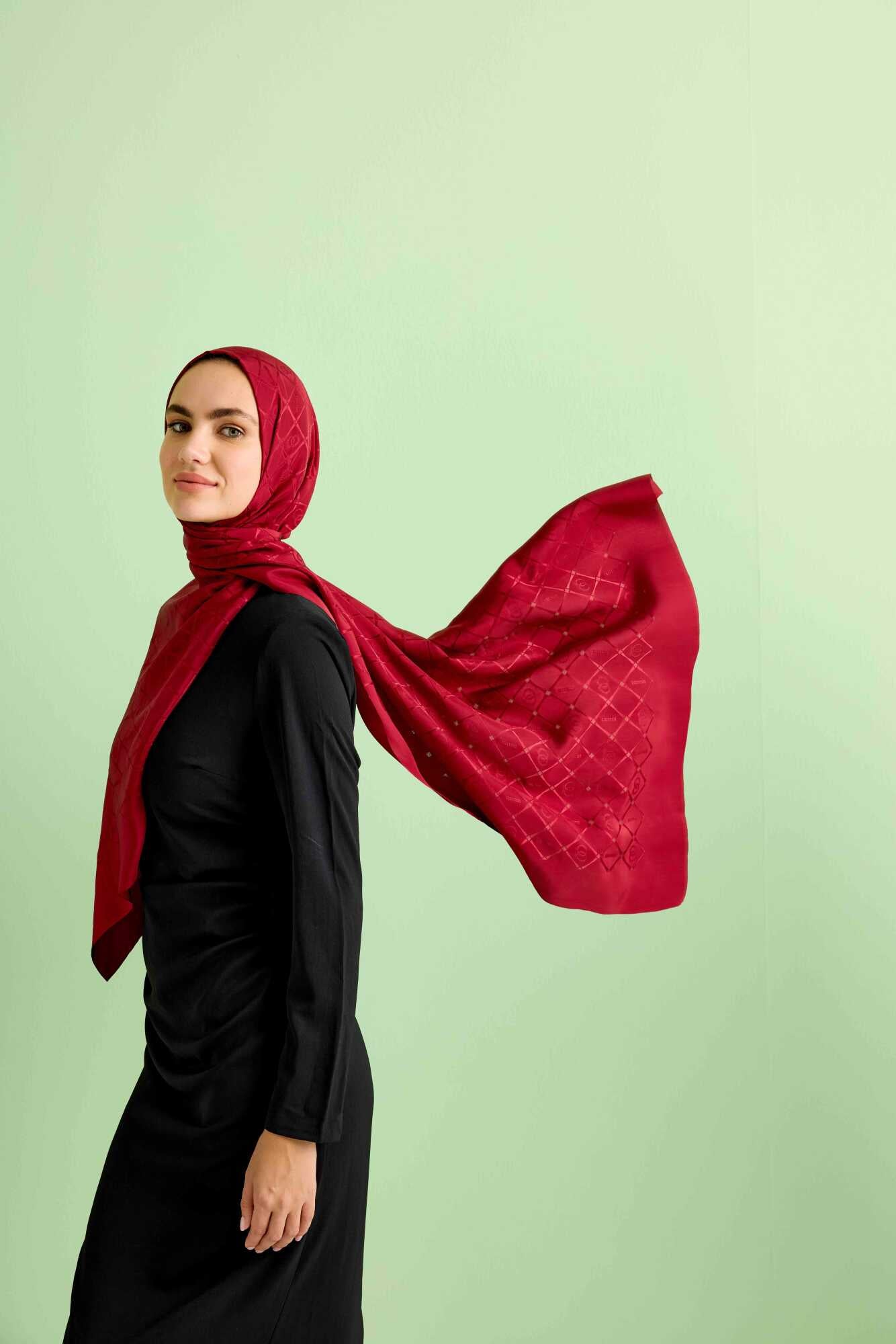 Oryantal Kafes Bordo Jakarlı İpek Şal 70x200