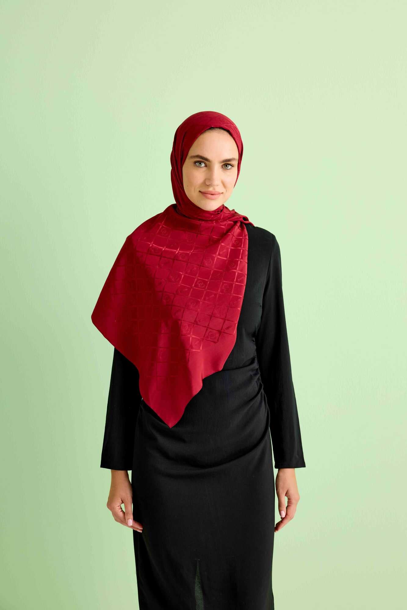 Oryantal Kafes Bordo Jakarlı İpek Şal 70x200