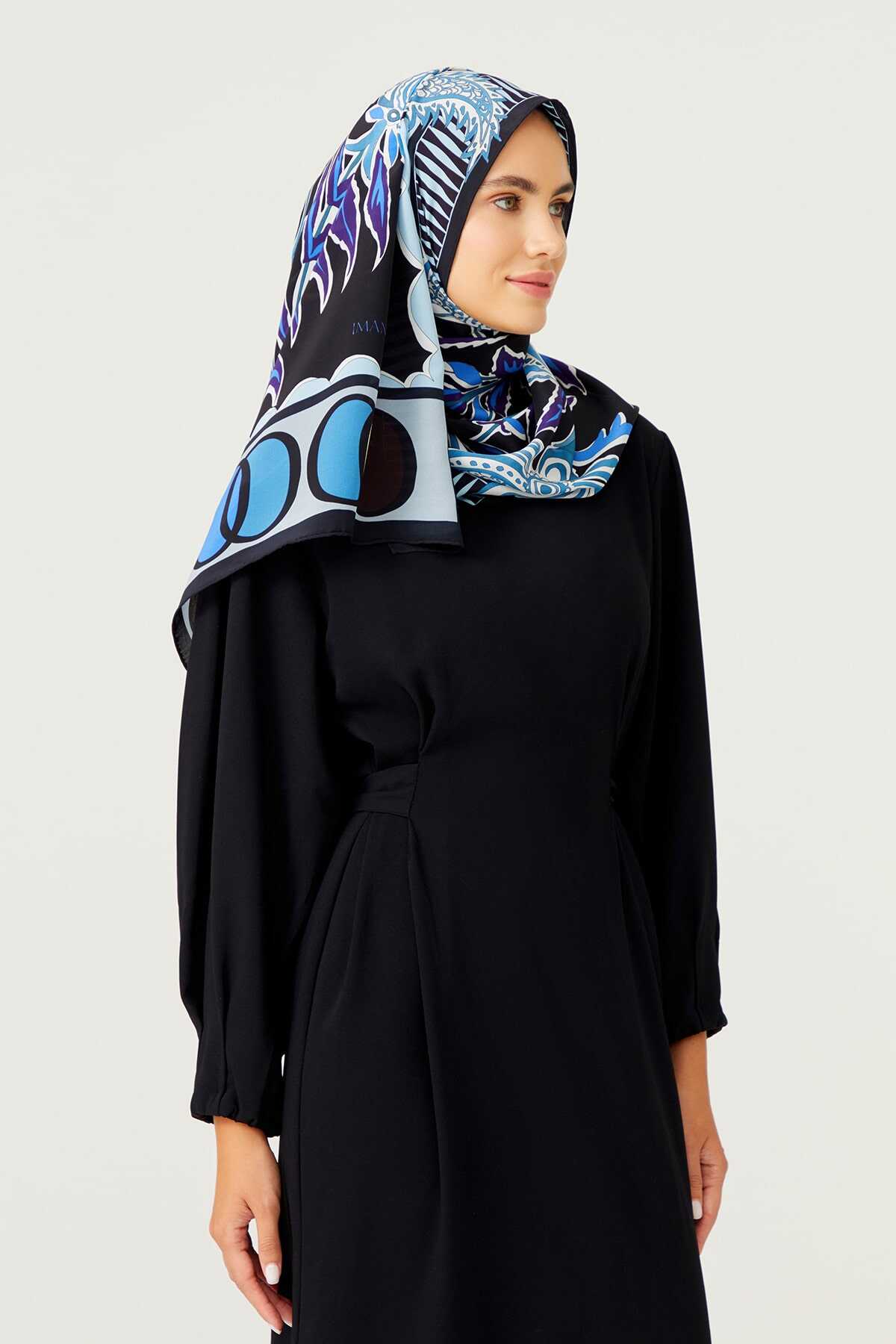 Osmanlı Çiçeği Mavi Krep İpek Şal 80x200