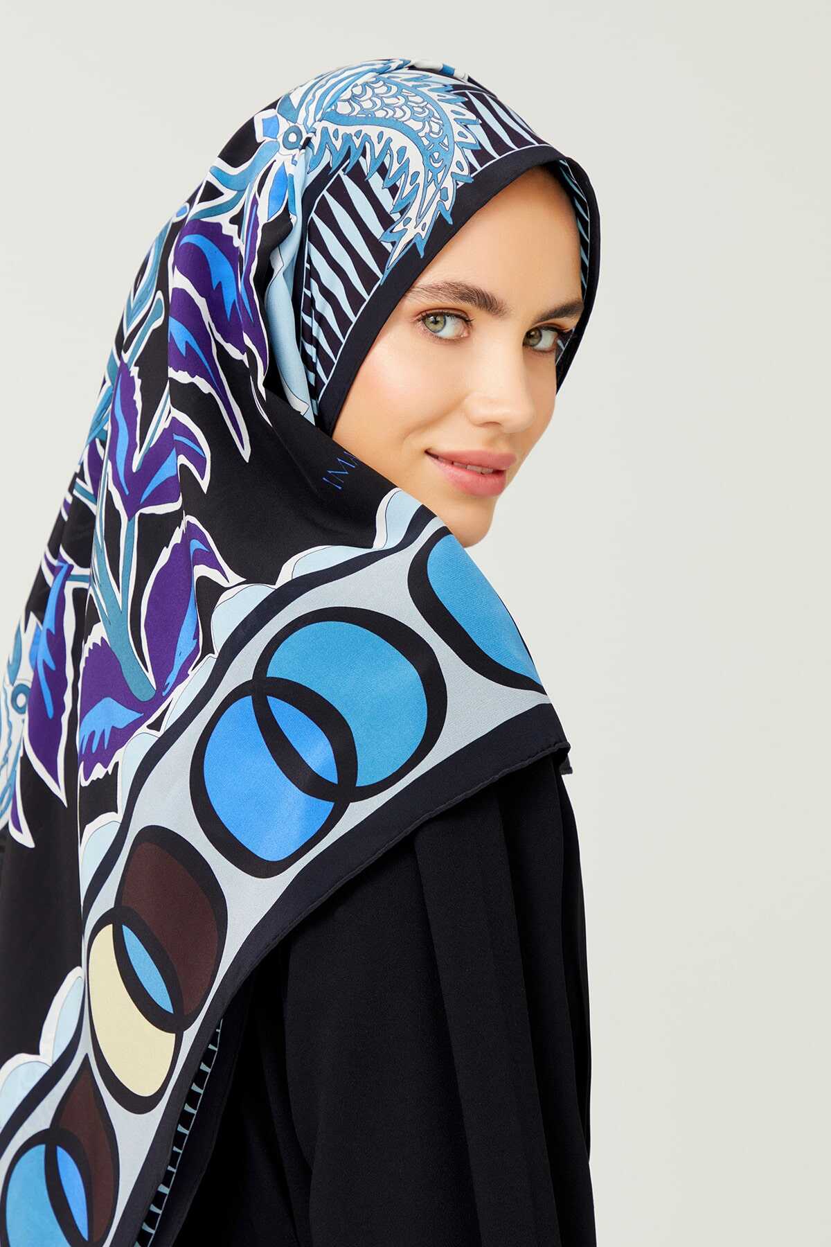Osmanlı Çiçeği Mavi Krep İpek Şal 80x200