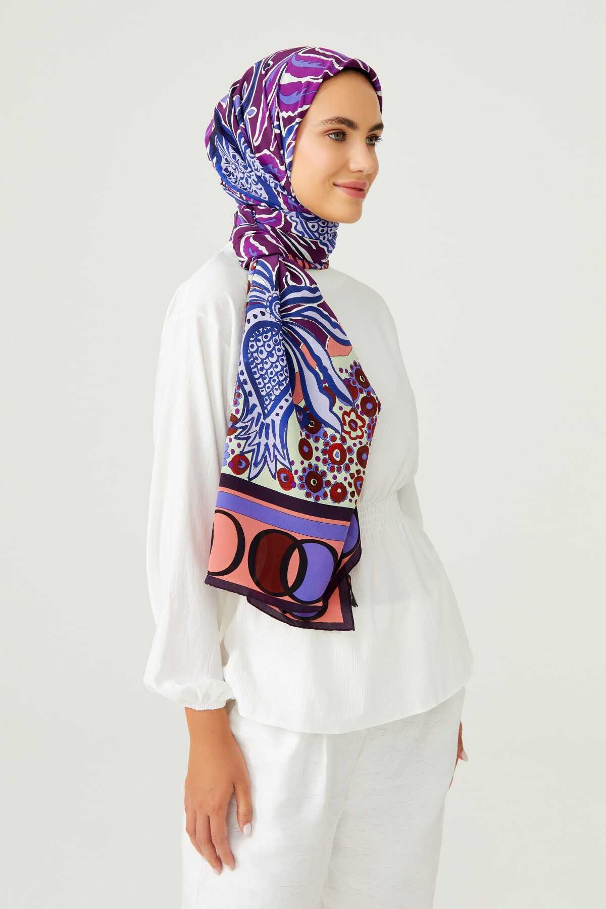 Osmanlı Çiçeği Mor Krep İpek Şal 80x200