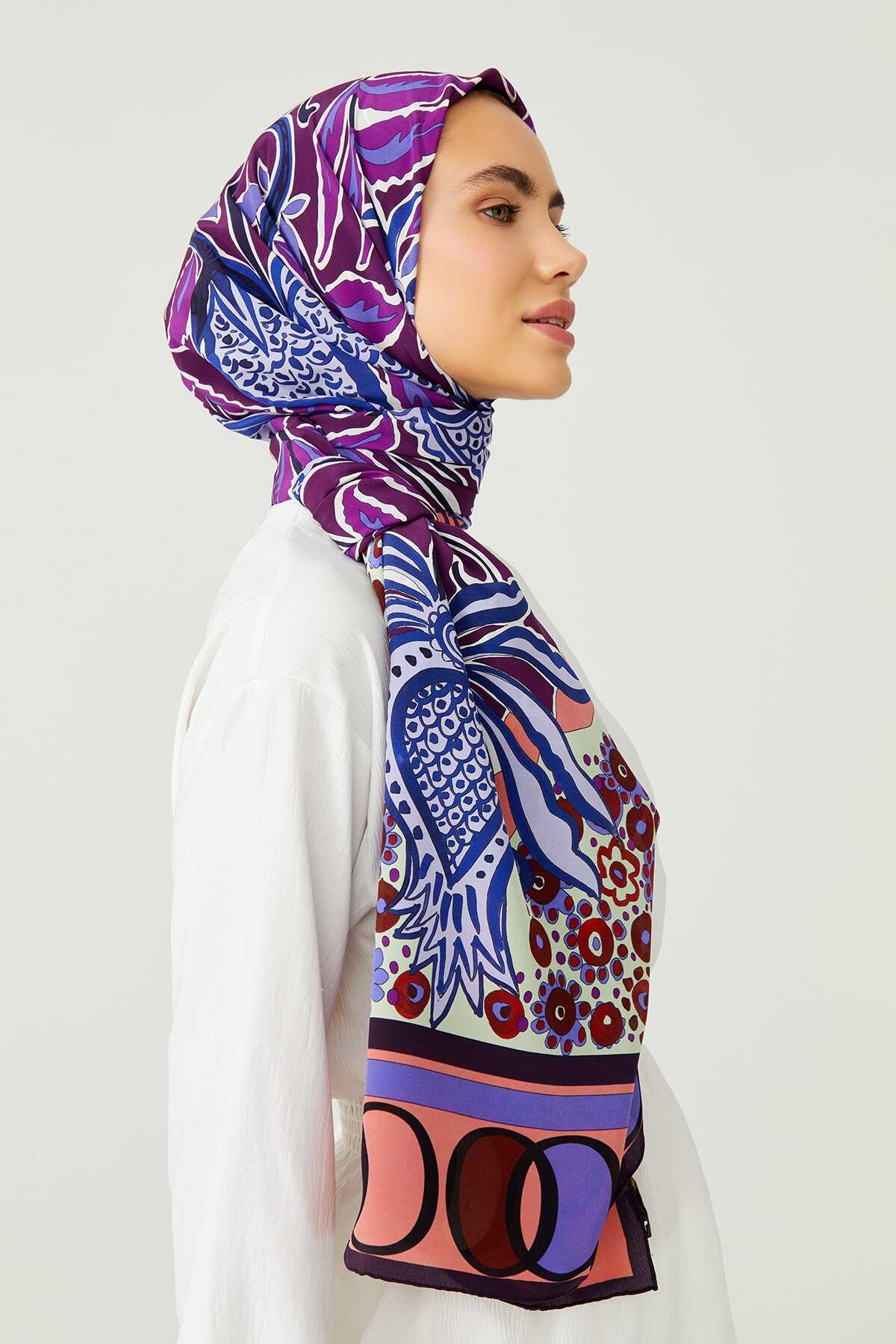 Osmanlı Çiçeği Mor Krep İpek Şal 80x200