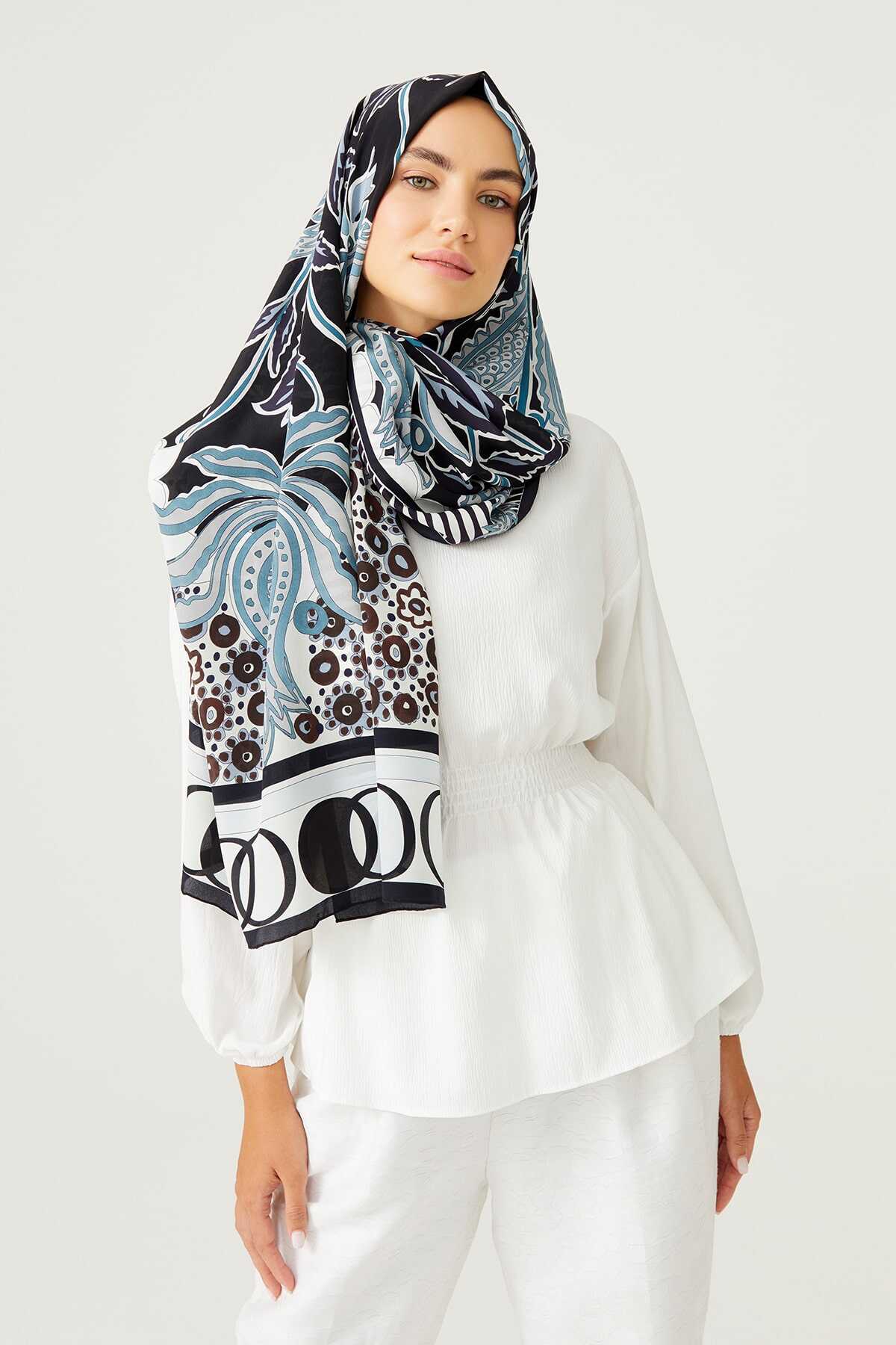 Osmanlı Çiçeği Siyah Krep İpek Şal 80x200