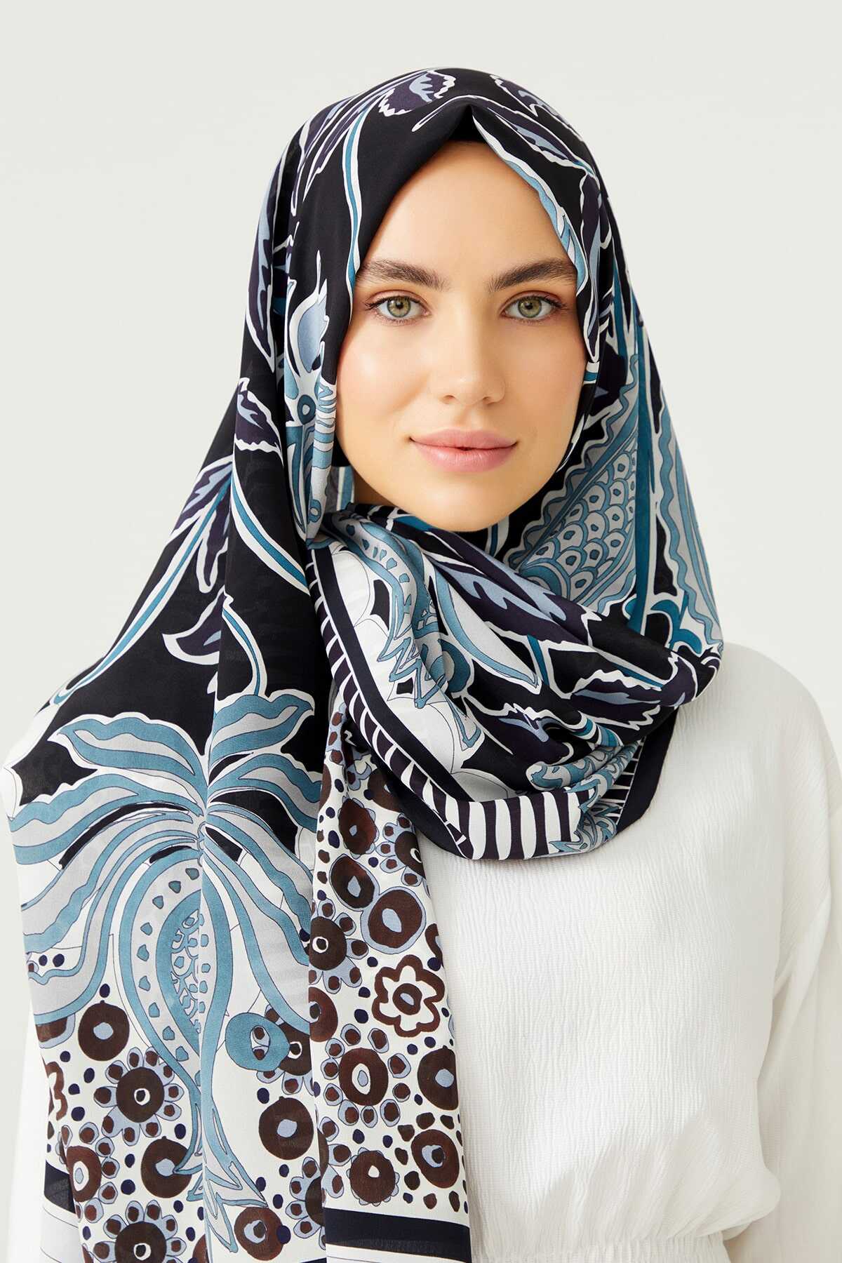 Osmanlı Çiçeği Siyah Krep İpek Şal 80x200