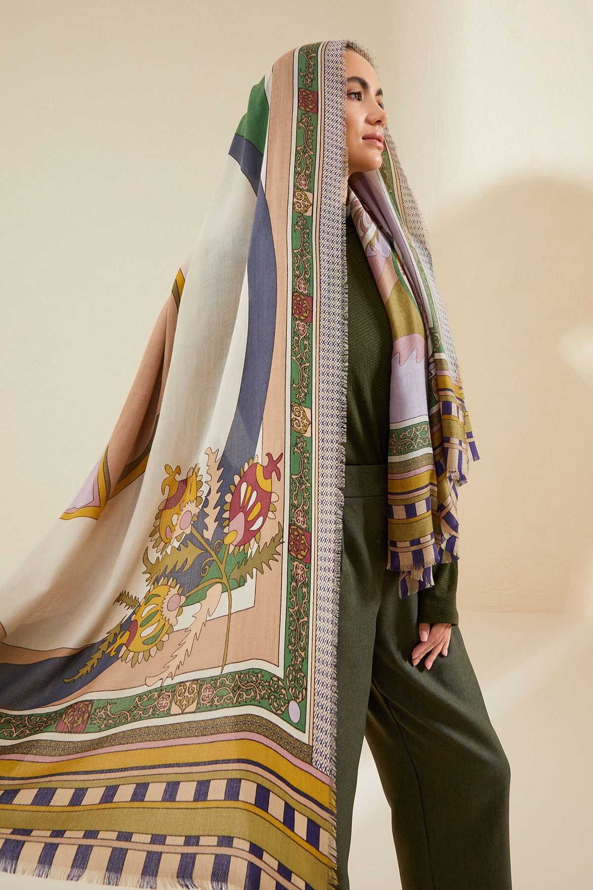 Ottoman Haki Kaşmir İpek Şal 100x200