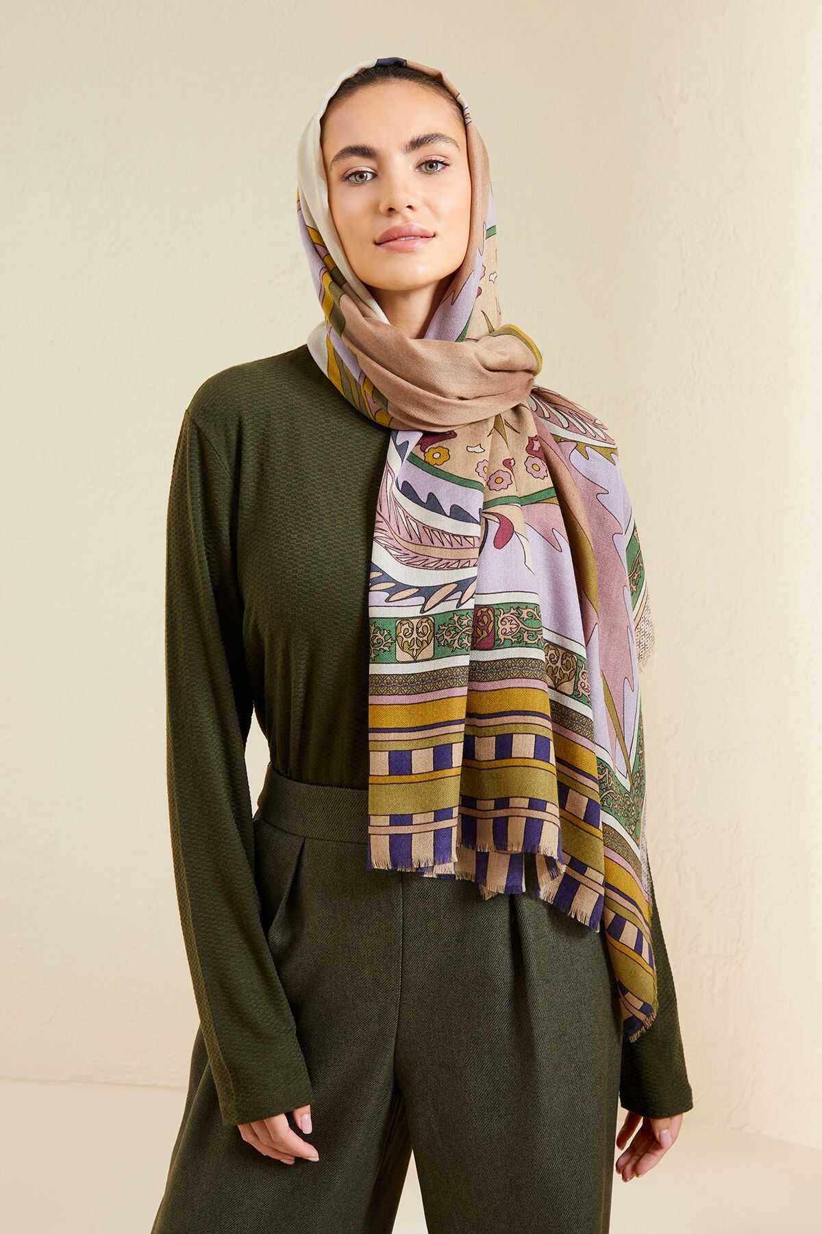 Ottoman Haki Kaşmir İpek Şal 100x200