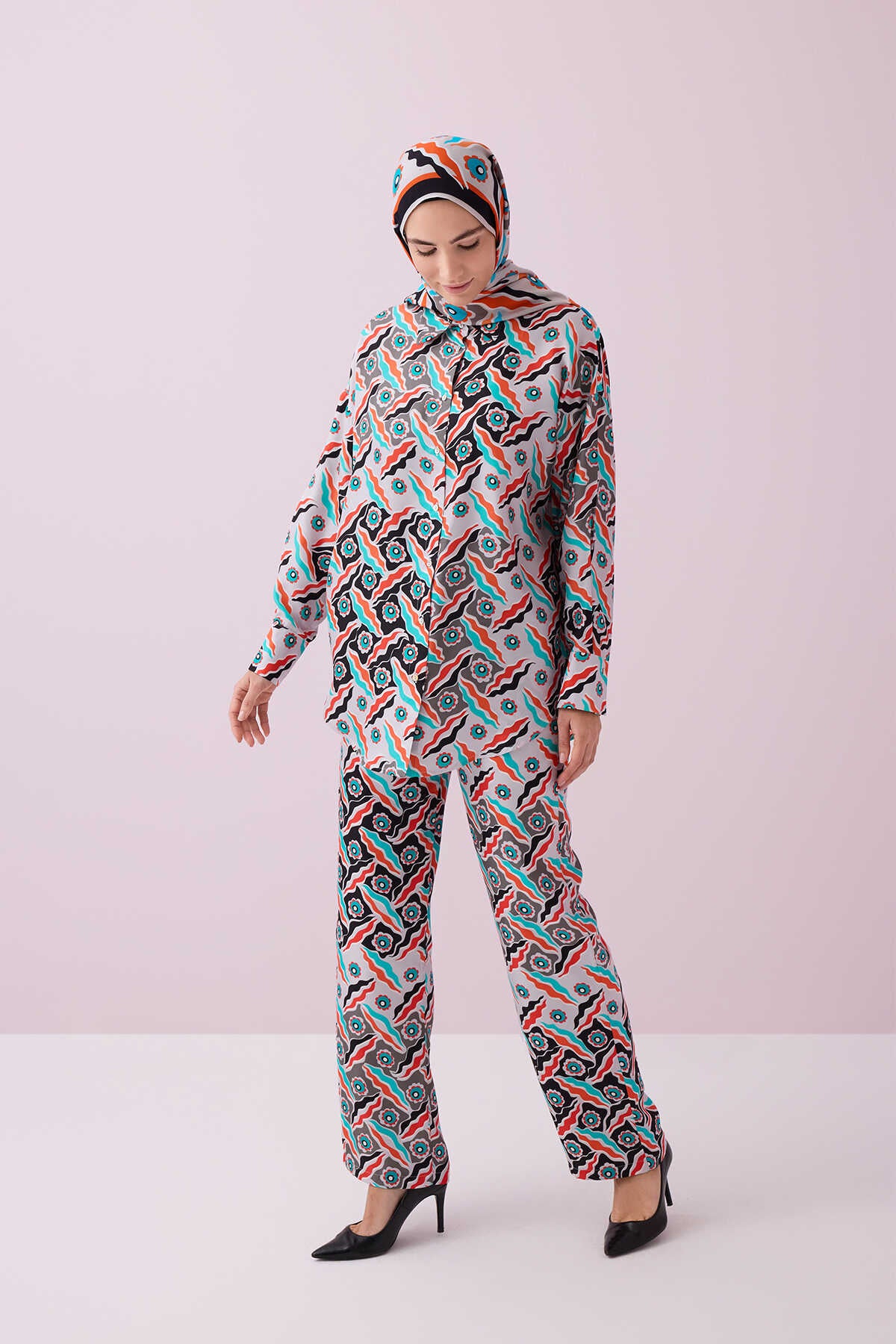 Pelenk Turkuaz Tivil İpek Pijama Gömlek