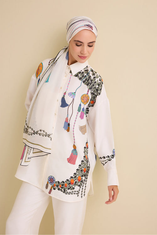 Püskül Noor Beyaz İpek Gömlek Pijama